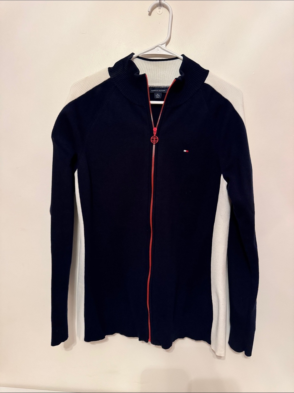 Tommy Hilfiger Navy Knit Zip Jacket with White Panels and Red Zip